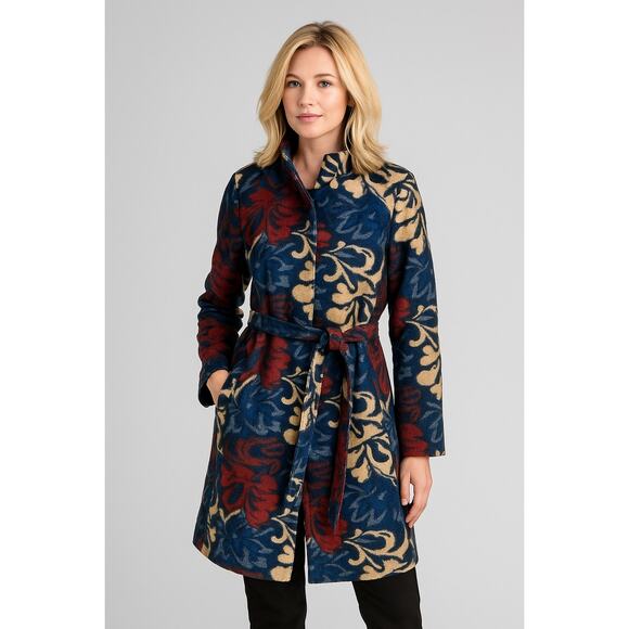 Vintage YaZhuang Floral Blue Tan Red Front Pocket Blazer Long Jacket Size Large - Picture 1 of 14